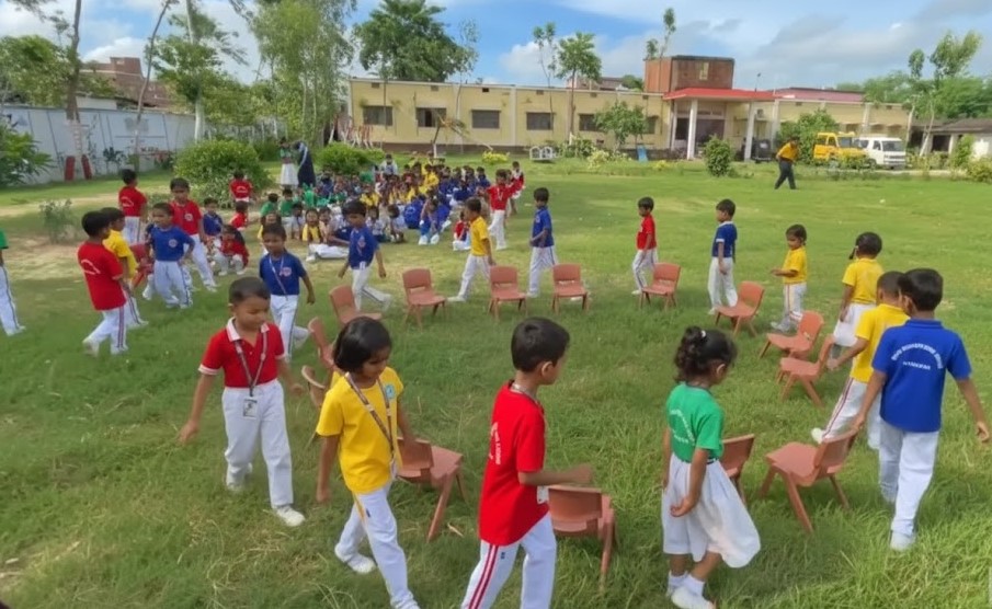 Students sitting in a lush green school garden